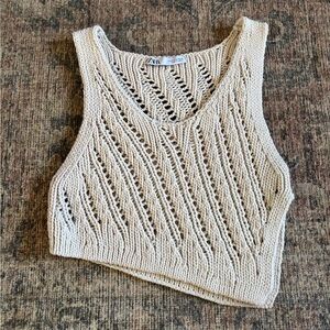 Zara Beige Crochet Knit Asymmetrical Sleeveless Top Size M